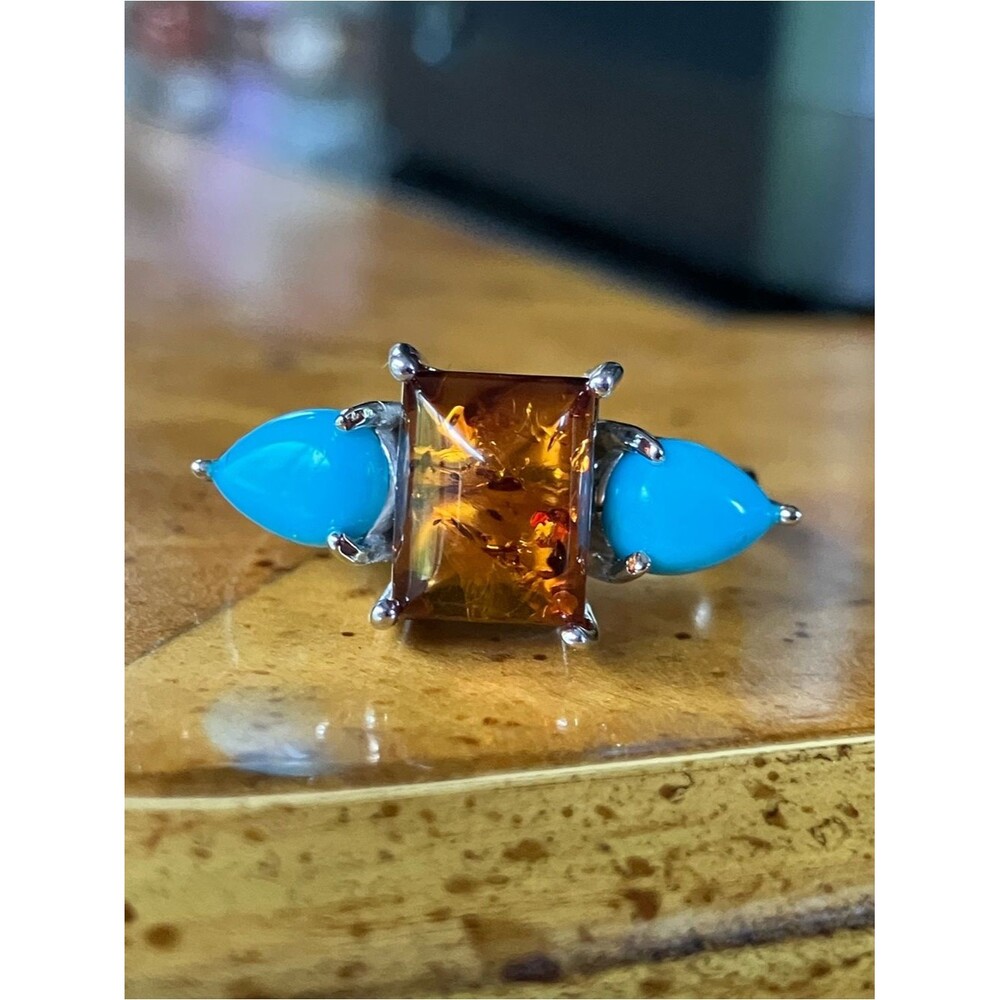 Baltic Amber Sleeping Beauty Turquoise Sterling Silver Ring Size 8.75